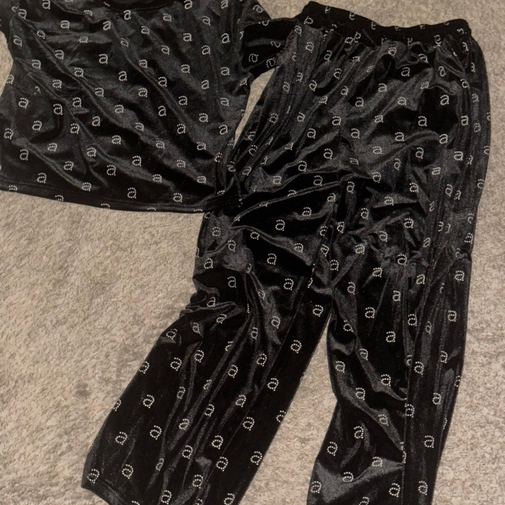 Black Velour Lounge Pants with Logo Pattern